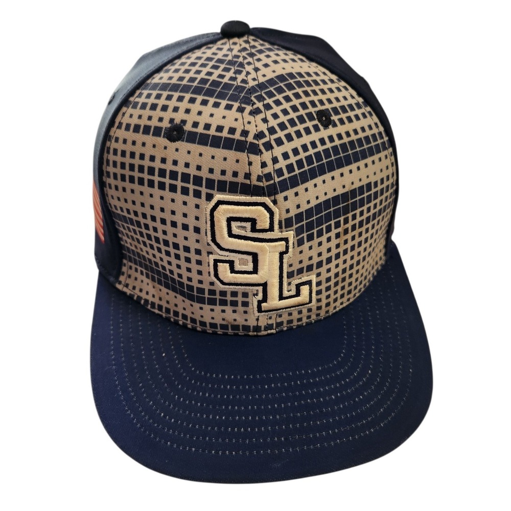 Boombah Mens SL‎ Baseball Hat Navy Blue Tan Grid American Flag Fitted M-L